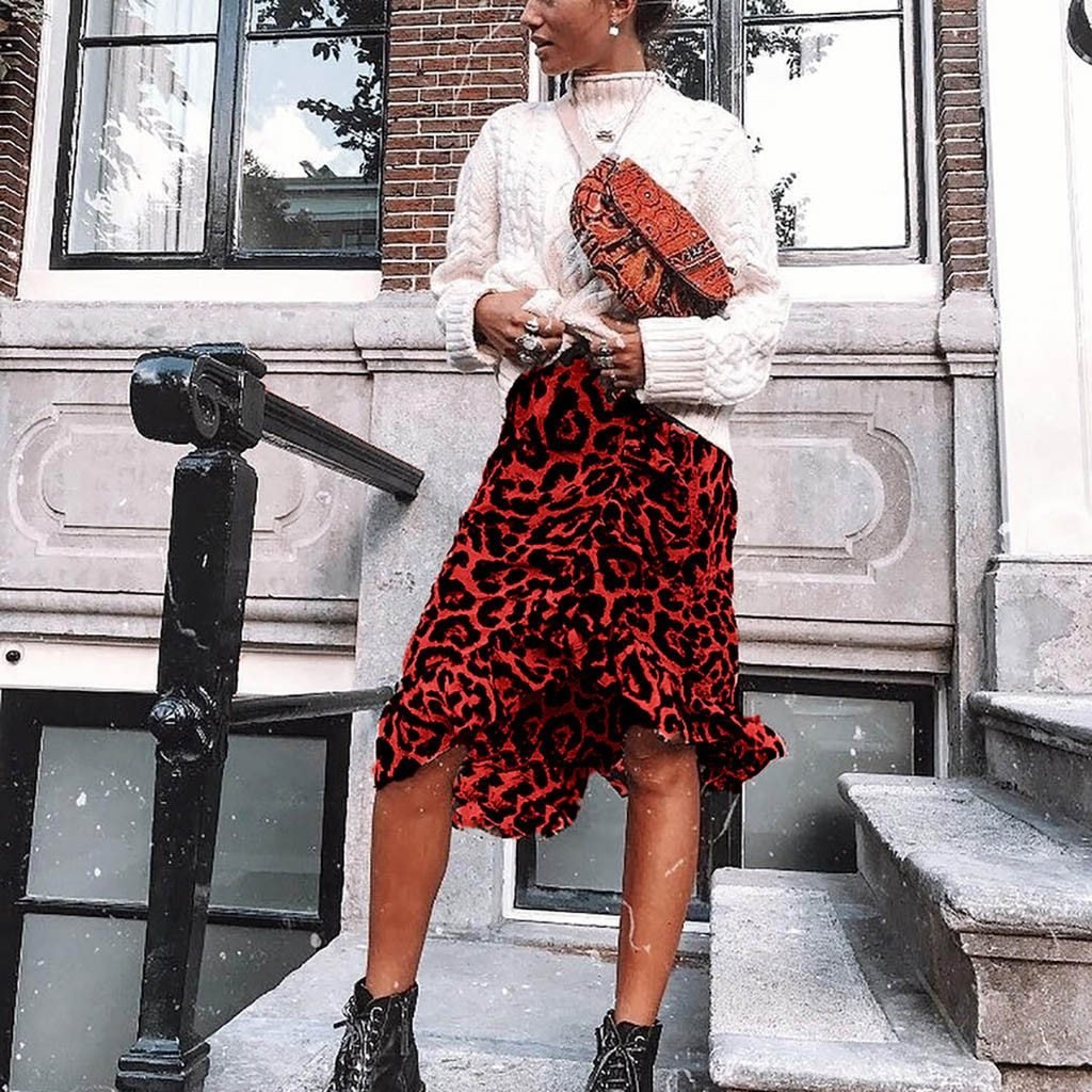 Leopard Midi High Waist Asymmetrical Ruffle Irregular Skirt - Easy Pickins Store