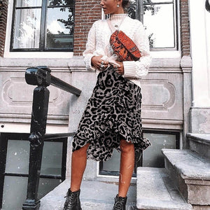 Leopard Midi High Waist Asymmetrical Ruffle Irregular Skirt - Easy Pickins Store