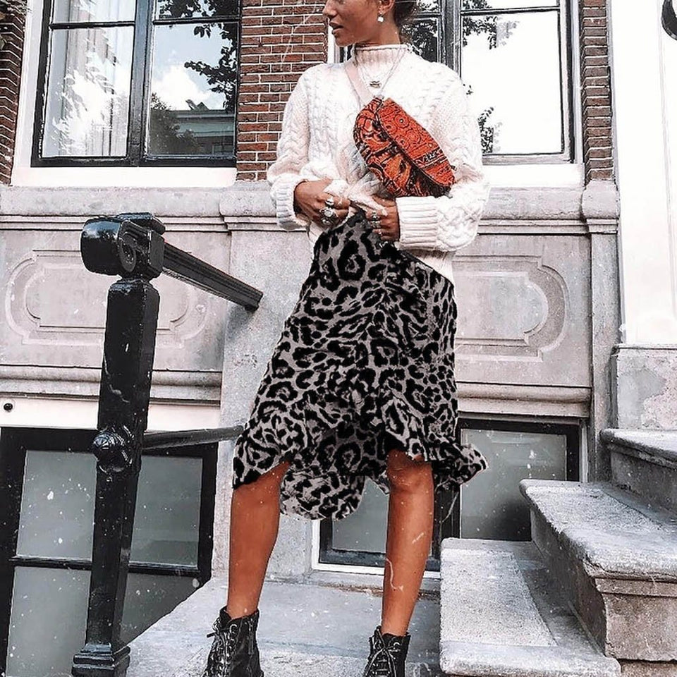 Leopard Midi High Waist Asymmetrical Ruffle Irregular Skirt - Easy Pickins Store