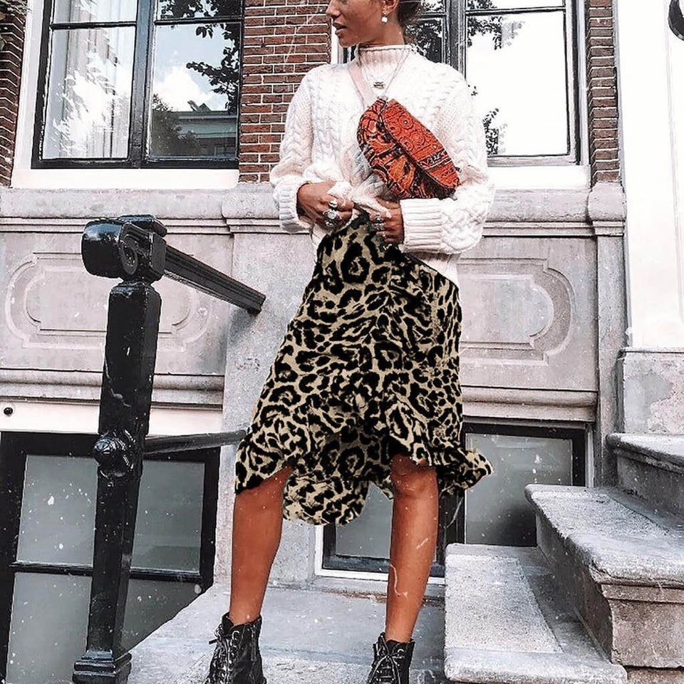 Leopard Midi High Waist Asymmetrical Ruffle Irregular Skirt - Easy Pickins Store
