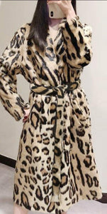 Leopard Print Long Sleeve Long Wool Pellet Coat With Belt - Easy Pickins Store