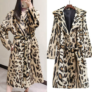 Leopard Print Long Sleeve Long Wool Pellet Coat With Belt - Easy Pickins Store