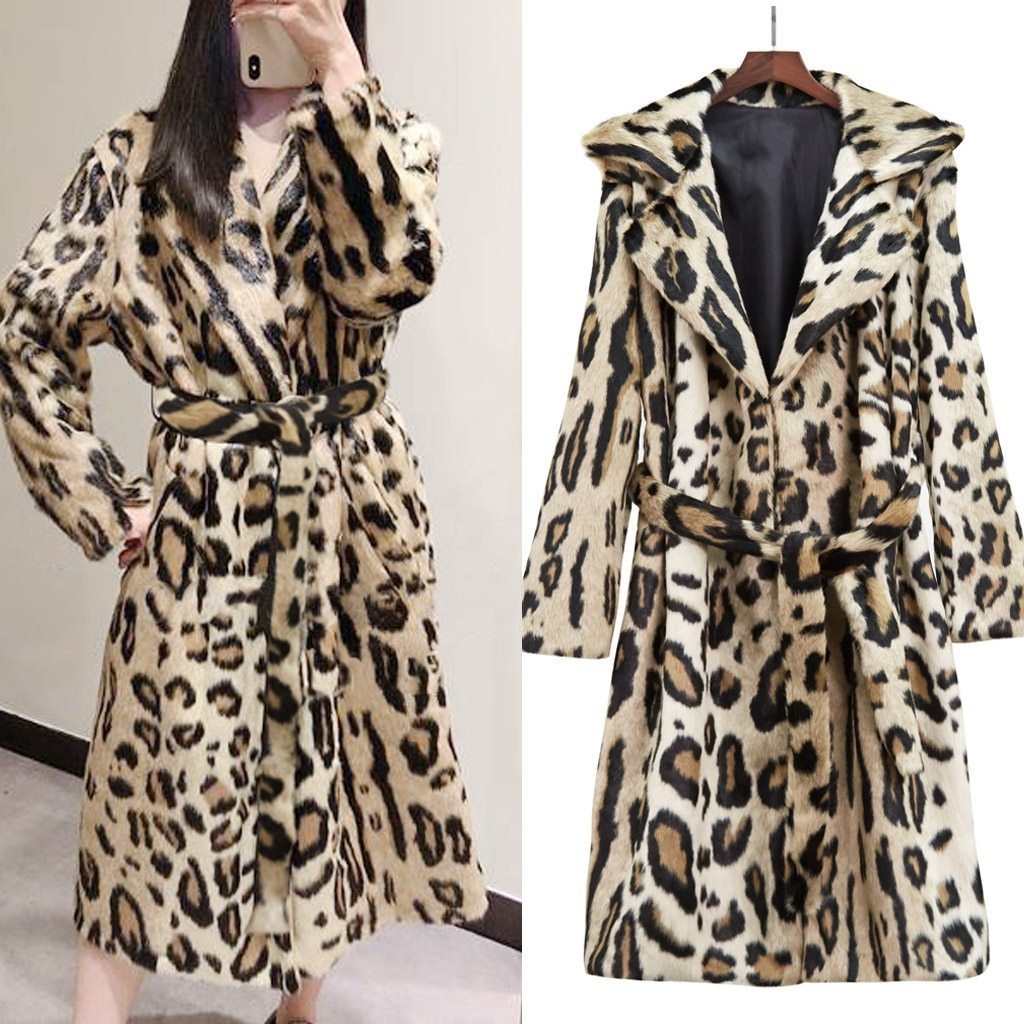 Leopard Print Long Sleeve Long Wool Pellet Coat With Belt - Easy Pickins Store