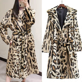 Leopard Print Long Sleeve Long Wool Pellet Coat With Belt - Easy Pickins Store