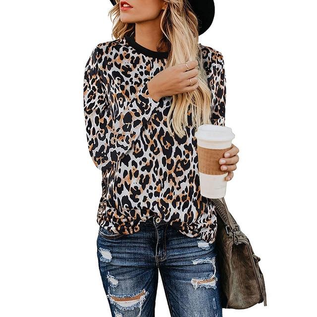 Leopard Print O Neck Long Sleeve T- shirt - Easy Pickins Store