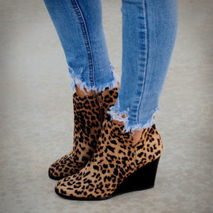 Leopard Suede Ankle Boots High Heel Wedges Short Boot - Easy Pickins Store