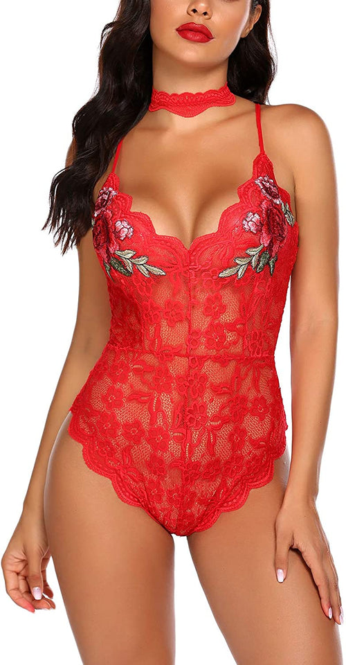 Lingerie Embroidered Lace with Choker One Piece - Easy Pickins Store