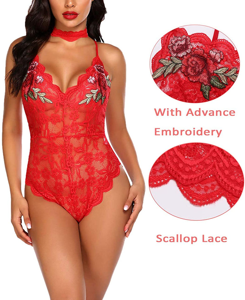 Lingerie Embroidered Lace with Choker One Piece - Easy Pickins Store