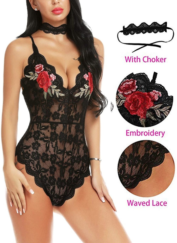 Lingerie Embroidered Lace with Choker One Piece - Easy Pickins Store
