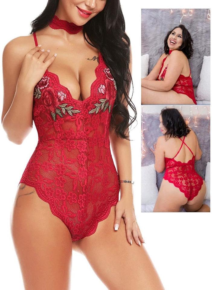 Lingerie Embroidered Lace with Choker One Piece - Easy Pickins Store