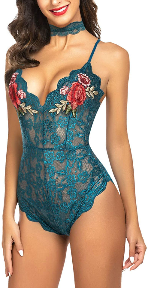 Lingerie Embroidered Lace with Choker One Piece - Easy Pickins Store