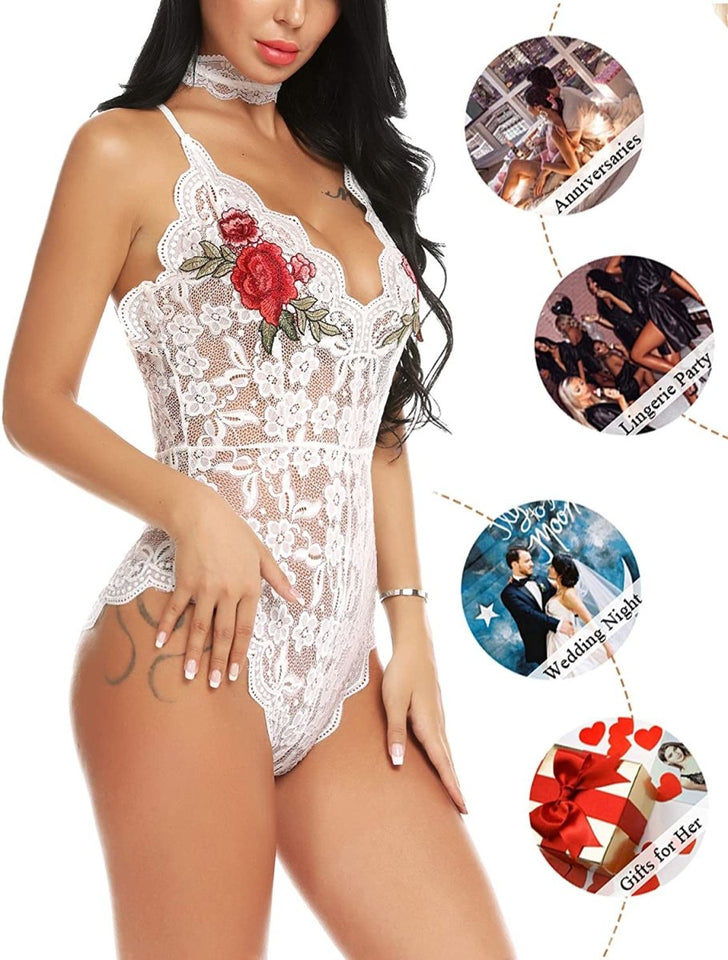 Lingerie Embroidered Lace with Choker One Piece - Easy Pickins Store