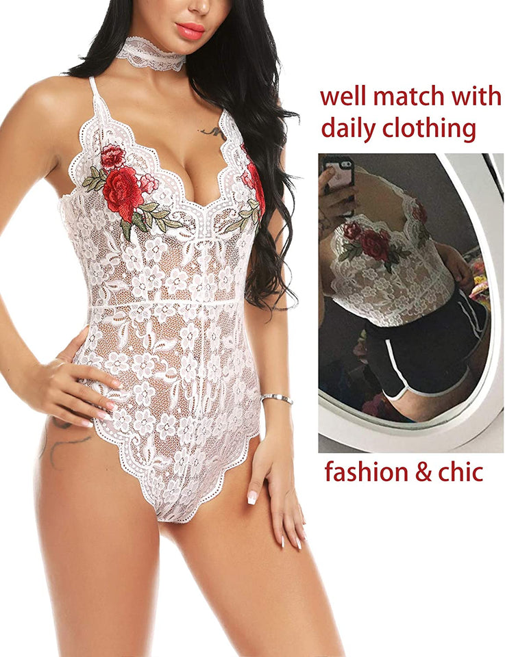 Lingerie Embroidered Lace with Choker One Piece - Easy Pickins Store
