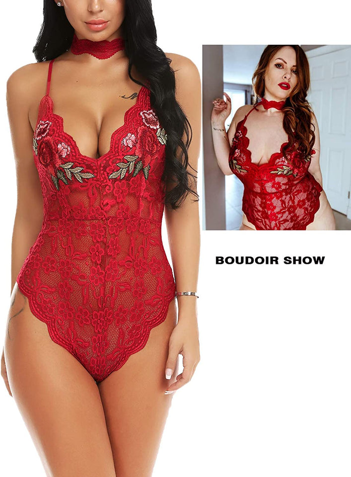Lingerie Embroidered Lace with Choker One Piece - Easy Pickins Store