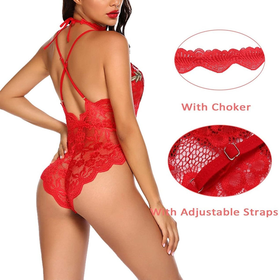 Lingerie Embroidered Lace with Choker One Piece - Easy Pickins Store