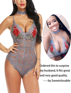 Lingerie Embroidered Lace with Choker One Piece - Easy Pickins Store