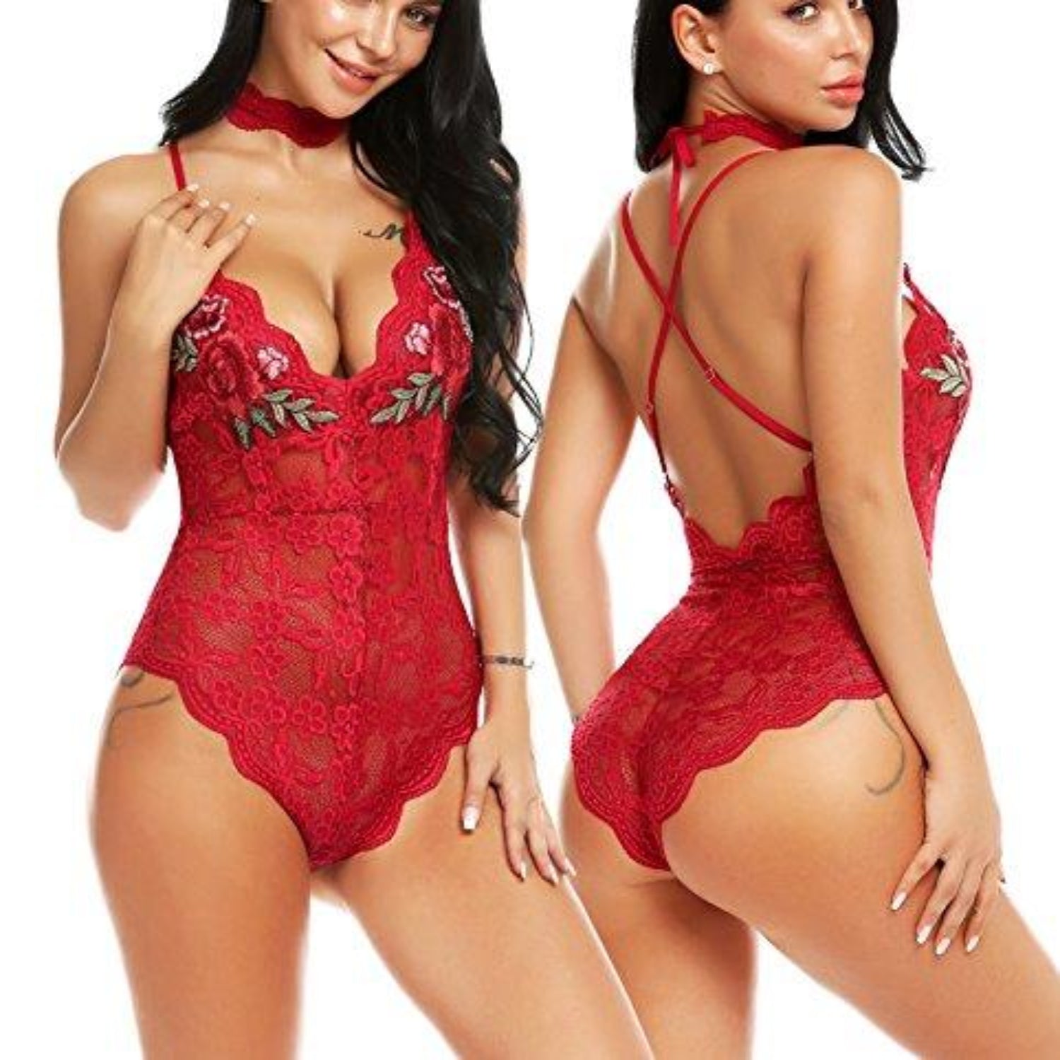 Lingerie Embroidered Lace with Choker One Piece - Easy Pickins Store