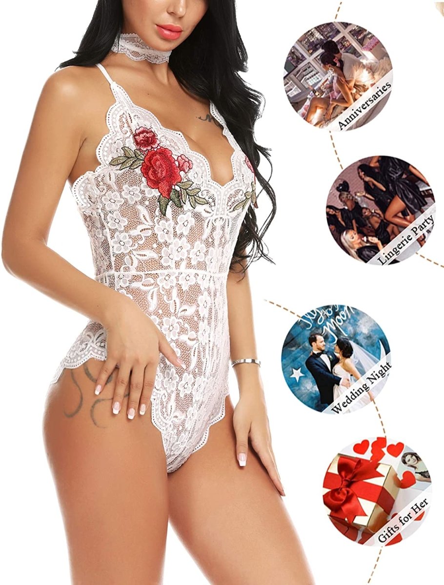 Lingerie Embroidered Lace with Choker One Piece - Easy Pickins Store