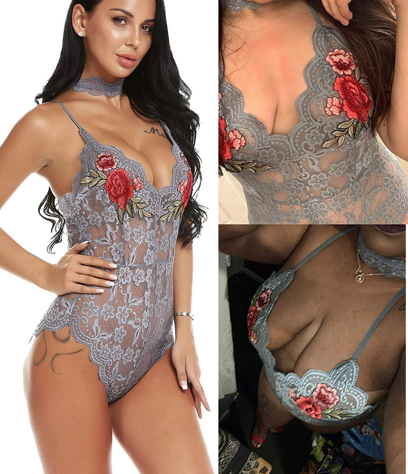 Lingerie Embroidered Lace with Choker One Piece - Easy Pickins Store