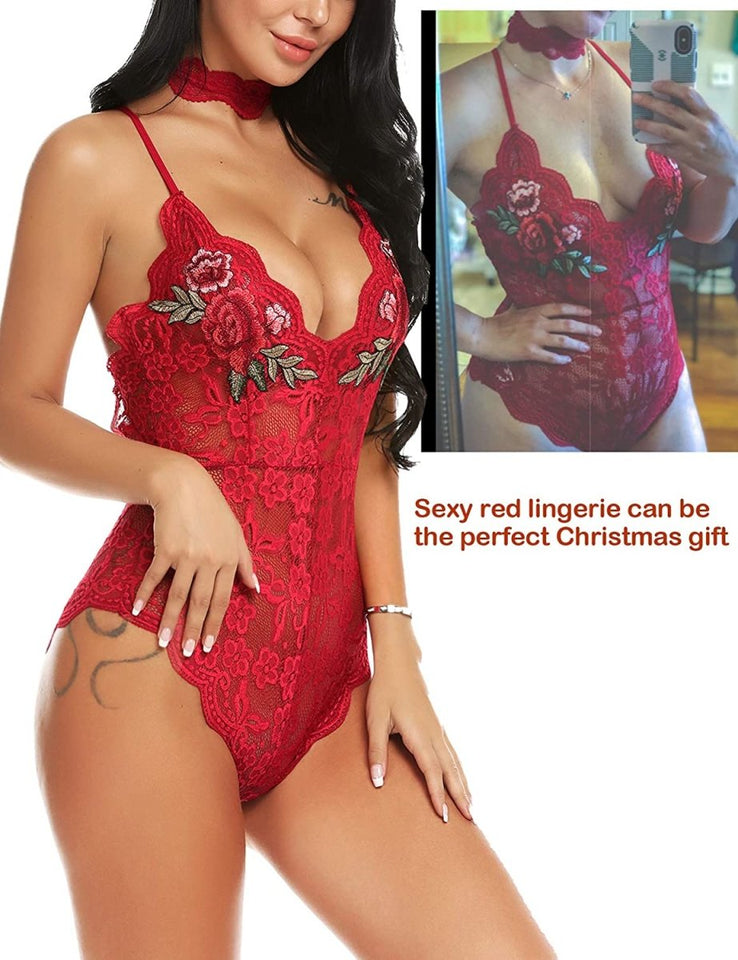 Lingerie Embroidered Lace with Choker One Piece - Easy Pickins Store