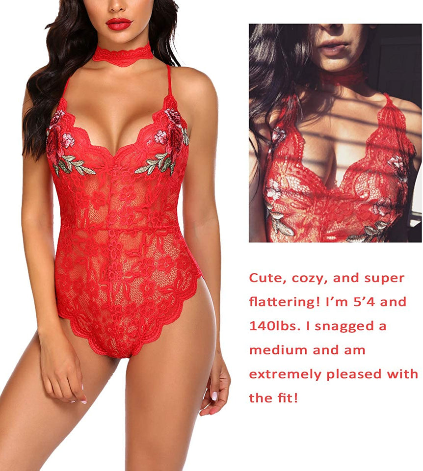 Lingerie Embroidered Lace with Choker One Piece - Easy Pickins Store