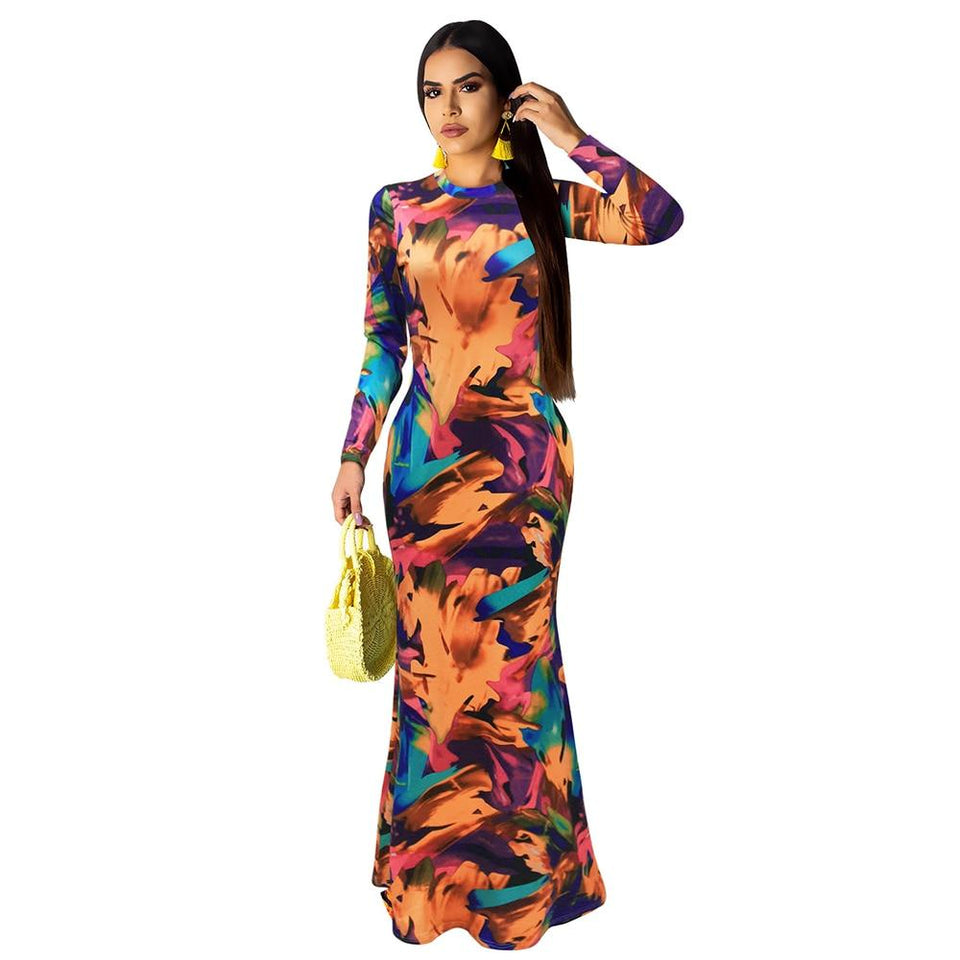 Long Dress Elegant Multicolor Sundress/Long Sleeve Warp Vestido - Easy Pickins Store
