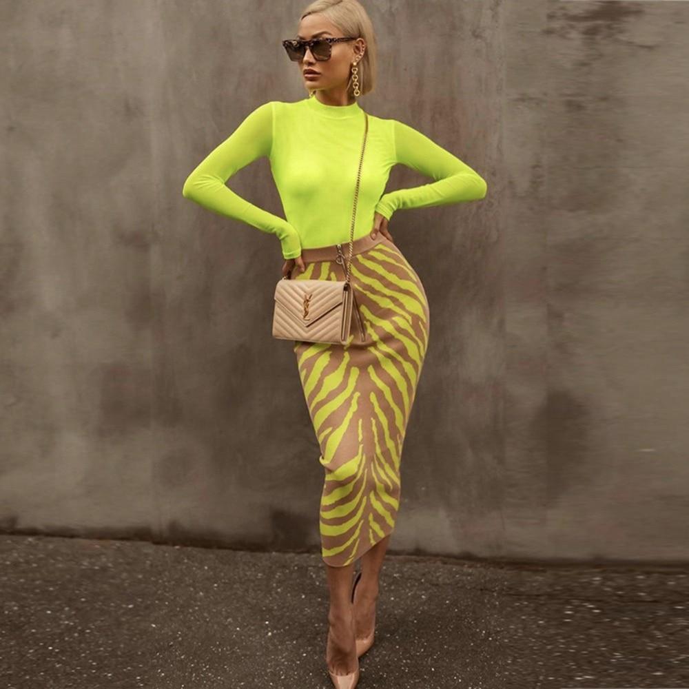 Long Lime Zebra Print Bandage Midi Skirt - Easy Pickins Store