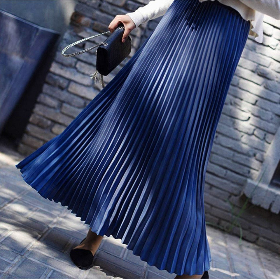 Long Pleated Skirt Solid Elegant Midi Elastic Waist - Easy Pickins Store
