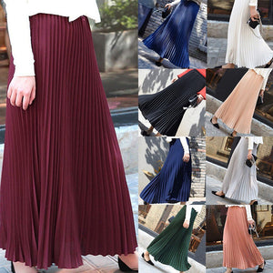 Long Pleated Skirt Solid Elegant Midi Elastic Waist - Easy Pickins Store