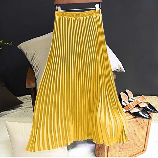 Long Pleated Skirt Solid Elegant Midi Elastic Waist - Easy Pickins Store
