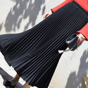 Long Pleated Skirt Solid Elegant Midi Elastic Waist - Easy Pickins Store