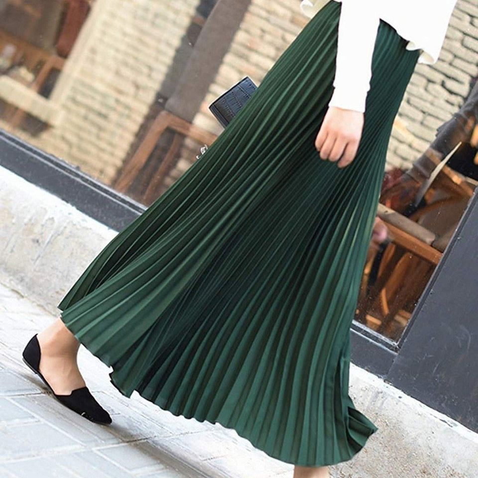 Long Pleated Skirt Solid Elegant Midi Elastic Waist - Easy Pickins Store