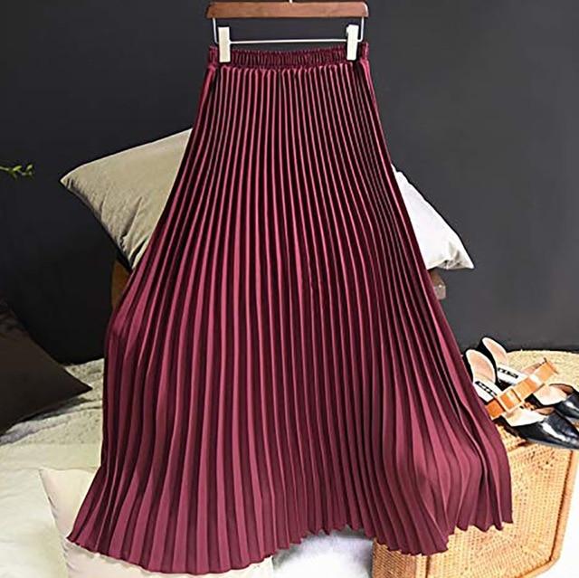Long Pleated Skirt Solid Elegant Midi Elastic Waist - Easy Pickins Store
