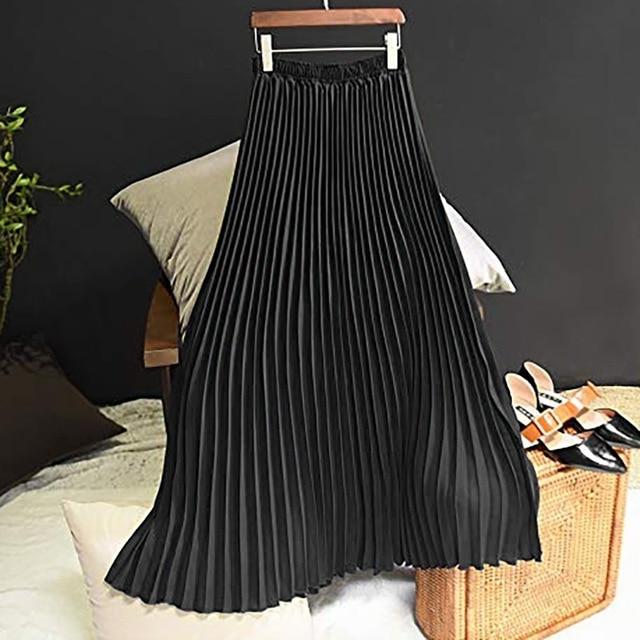 Long Pleated Skirt Solid Elegant Midi Elastic Waist - Easy Pickins Store