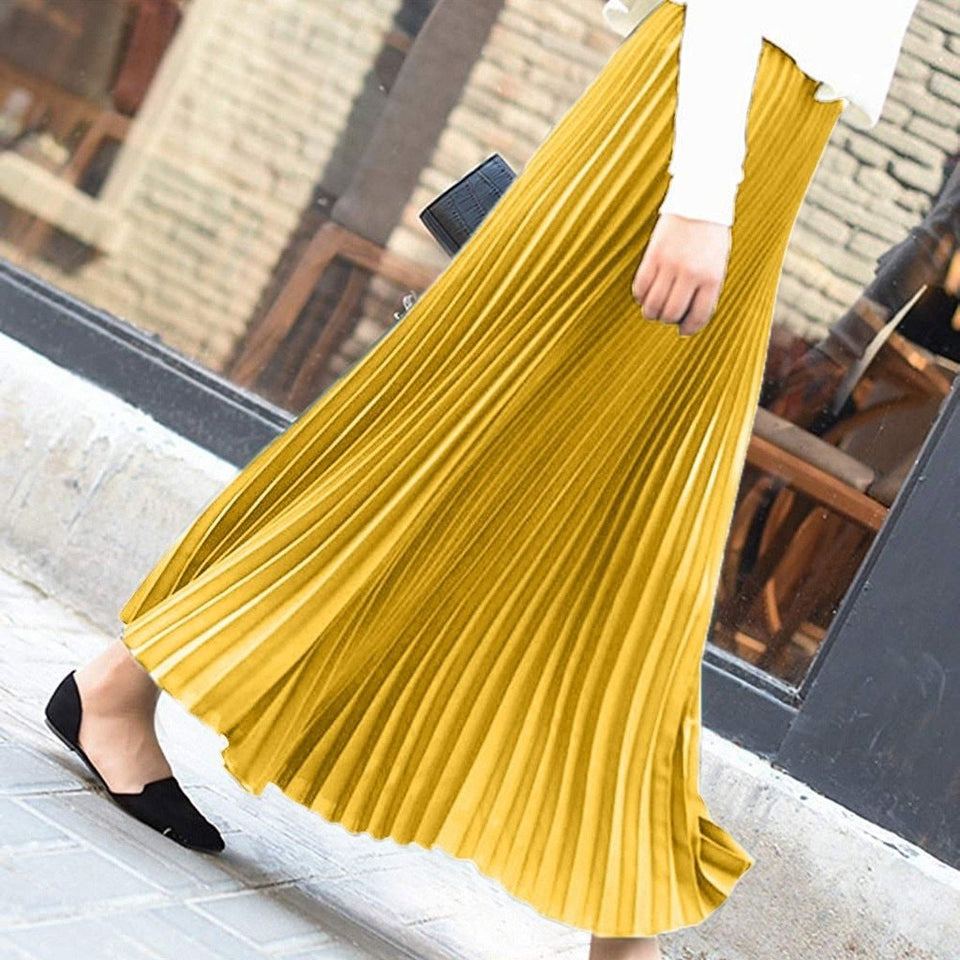 Long Pleated Skirt Solid Elegant Midi Elastic Waist - Easy Pickins Store