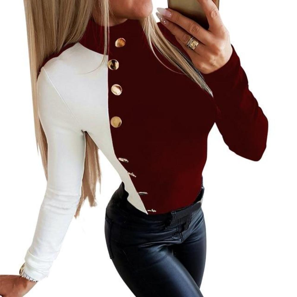 Long Sleeve Contrast Color Metal Button Blouse - Easy Pickins Store