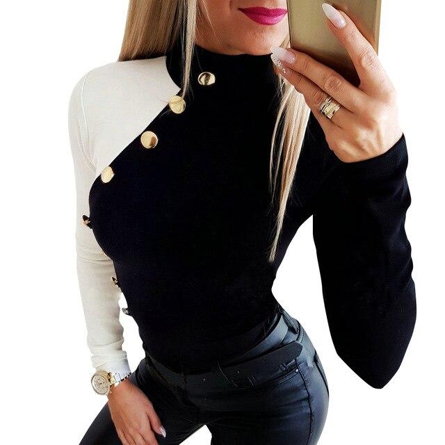 Long Sleeve Contrast Color Metal Button T shirt - Easy Pickins Store