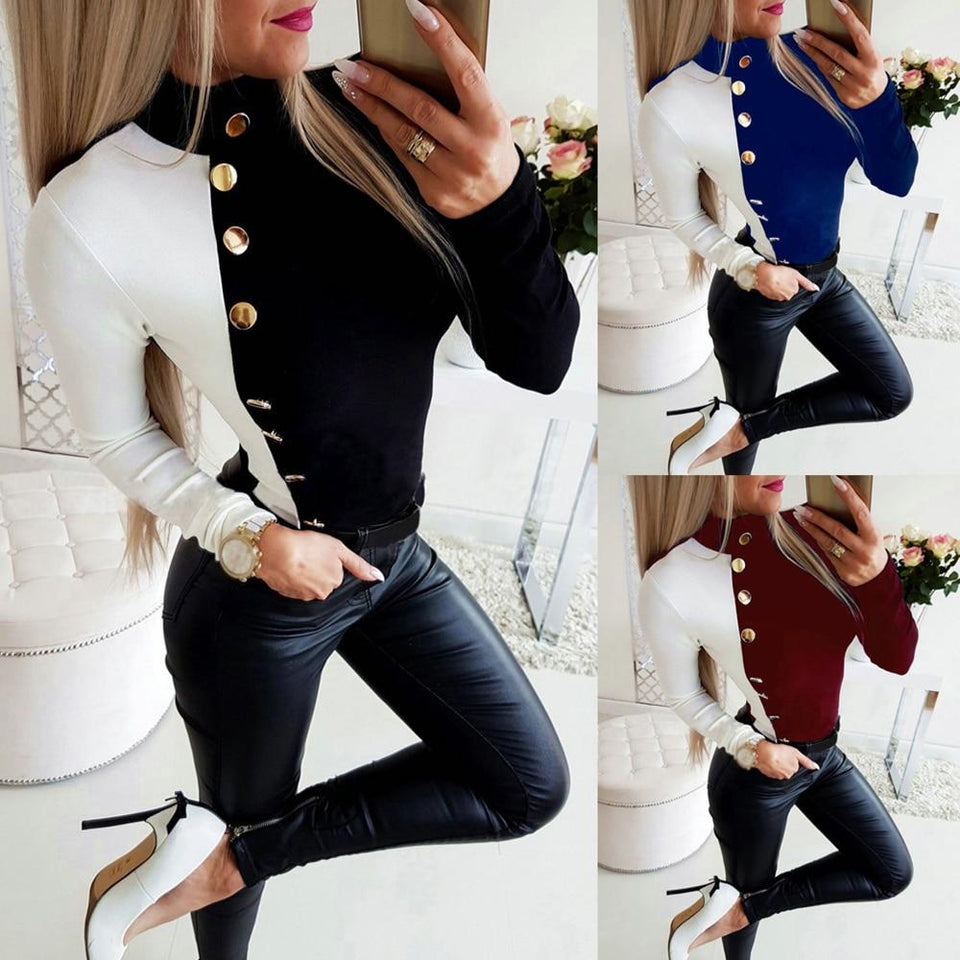 Long Sleeve Contrast Color Metal Button T shirt - Easy Pickins Store
