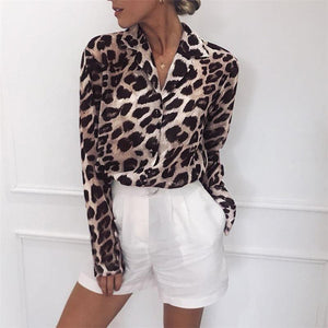 Long Sleeve Leopard Print Blouse Turn Down Collar - Easy Pickins Store