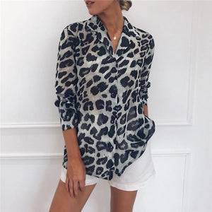 Long Sleeve Leopard Print Blouse Turn Down Collar - Easy Pickins Store