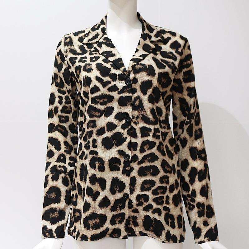 Long Sleeve Leopard Print Blouse Turn Down Collar - Easy Pickins Store