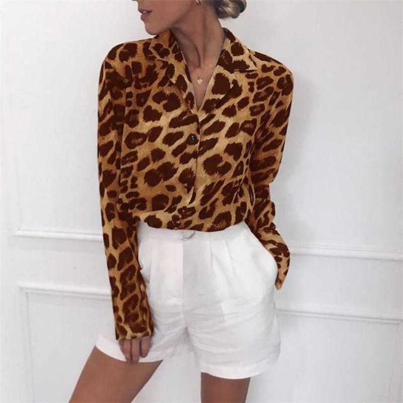Long Sleeve Leopard Turn Down Collar Blouse - Easy Pickins Store