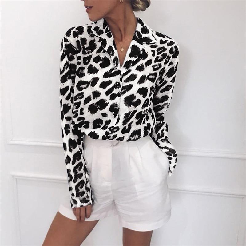 Long Sleeve Leopard Turn Down Collar Blouse - Easy Pickins Store