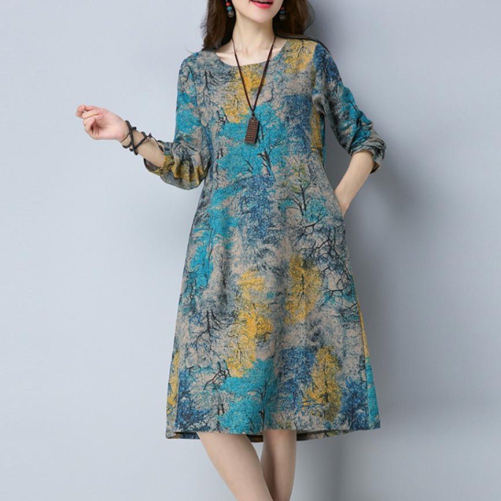 Long Sleeve O Neck Pocket Cotton Loose Dress - Easy Pickins Store