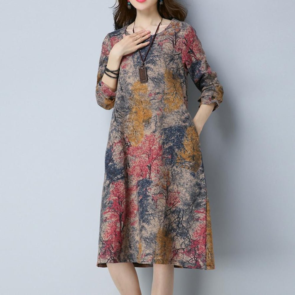 Long Sleeve O Neck Pocket Cotton Loose Dress - Easy Pickins Store