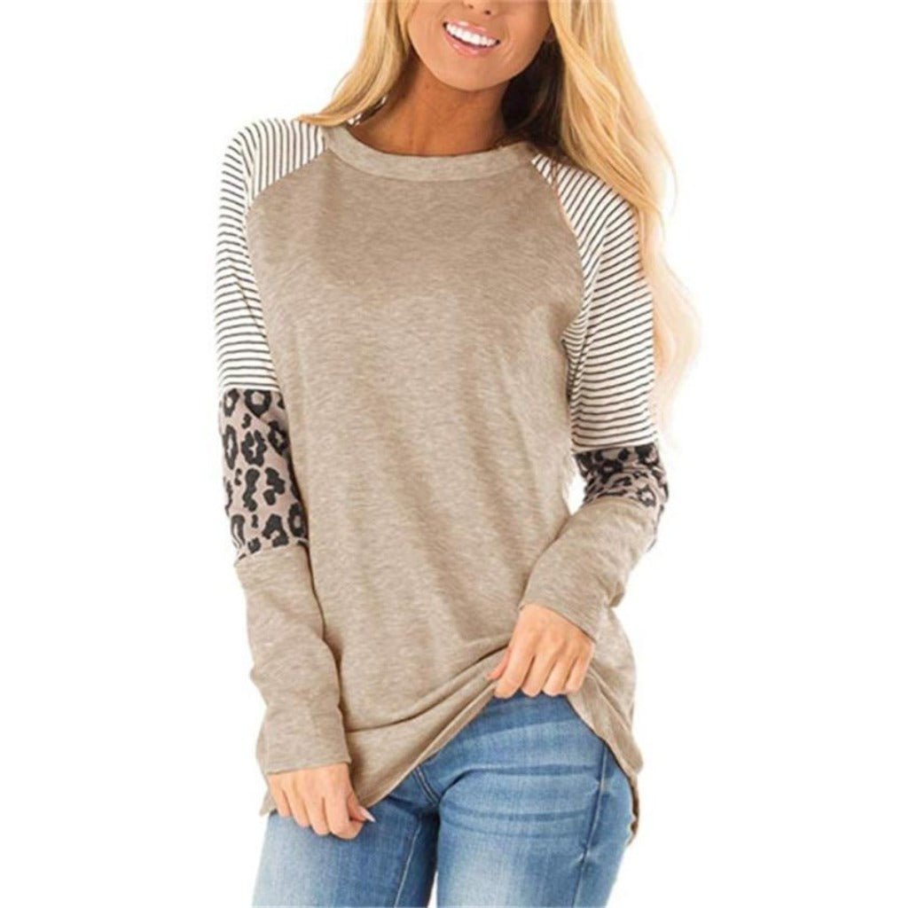 Long Sleeve T Shirt Striped Leopard Stitching - Easy Pickins Store
