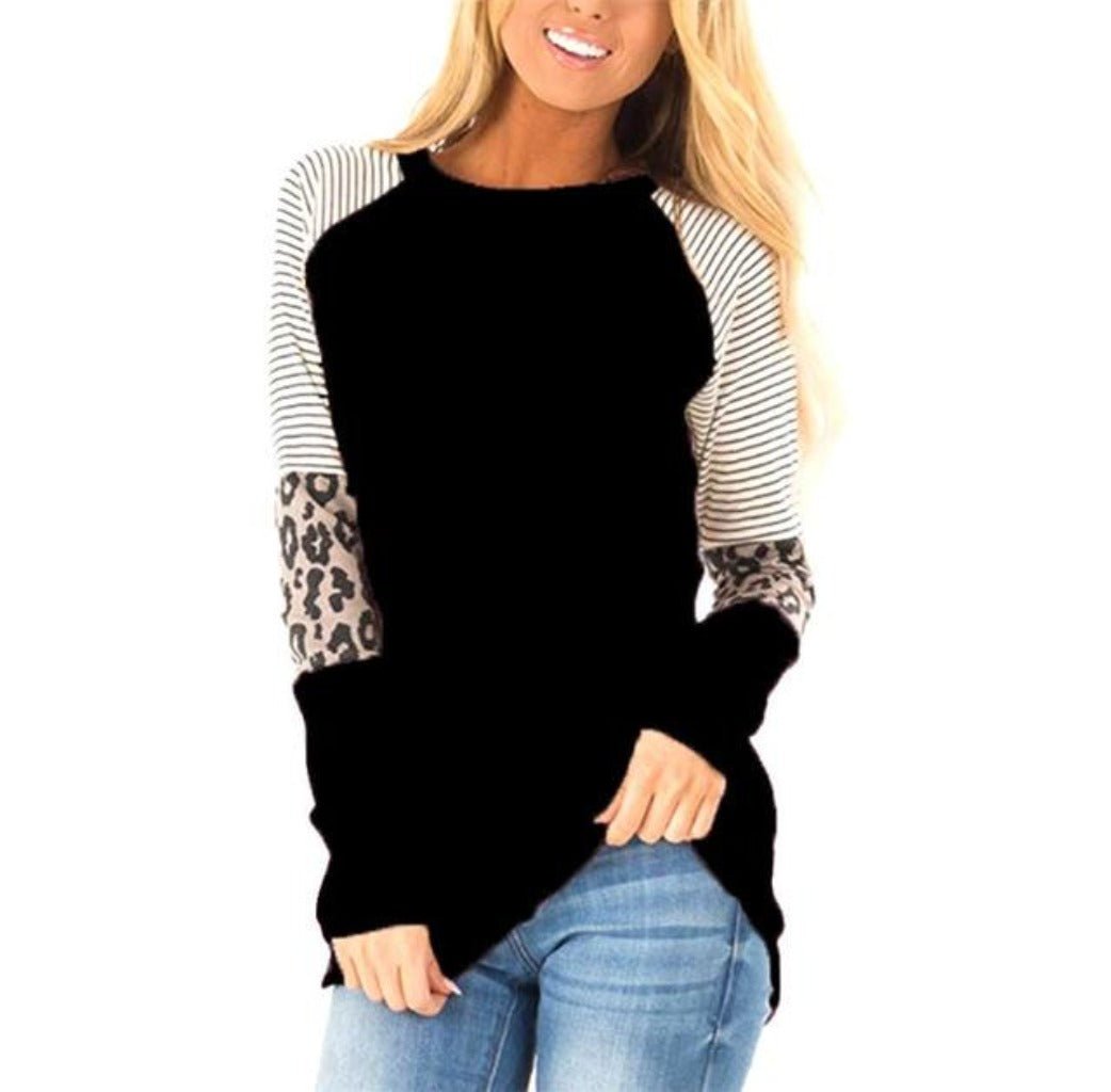 Long Sleeve T Shirt Striped Leopard Stitching - Easy Pickins Store