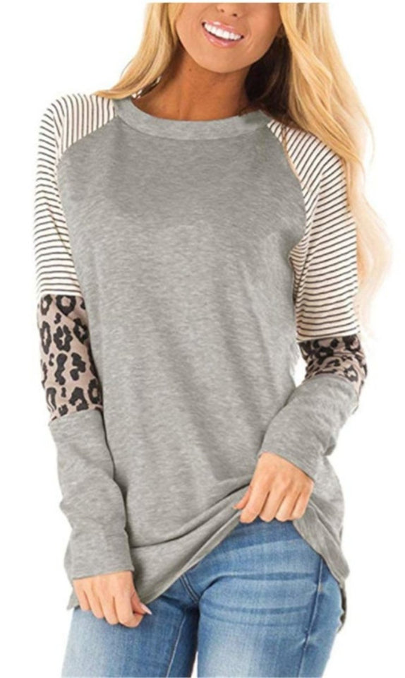 Long Sleeve T Shirt Striped Leopard Stitching - Easy Pickins Store
