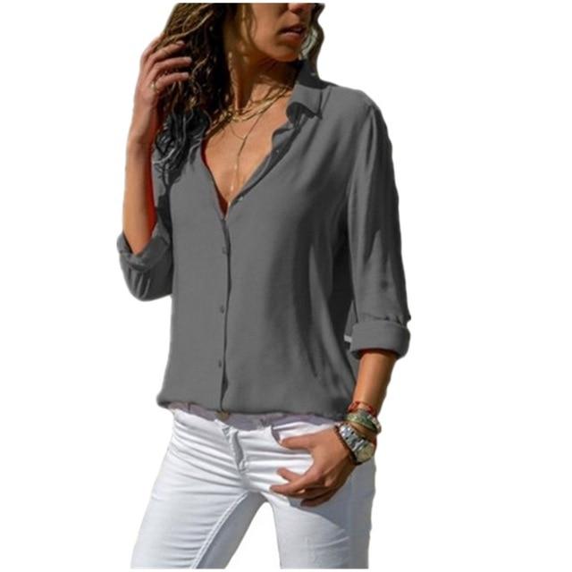 Long Sleeve V Neck Chiffon Blouse - Easy Pickins Store