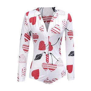 Long Sleeve V Neck Love Pattern Print Pajama Romper - Easy Pickins Store